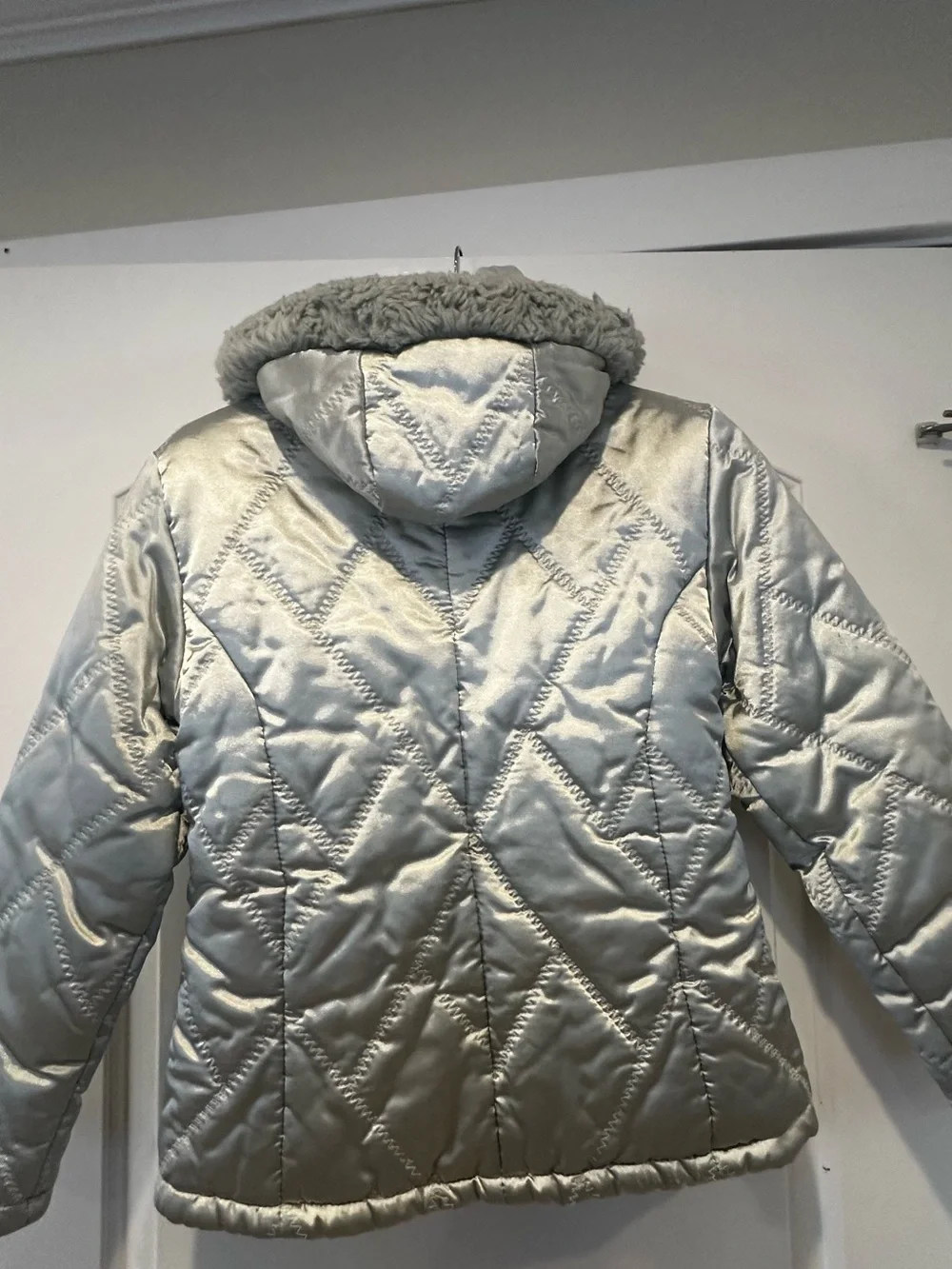 GENERATION Y Shimmery Silver Quilted Puffer with Faux Fur Trim